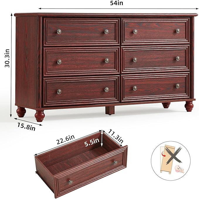 6 Drawers Dresser for Bedroom, Farmhouse 54" Wide Wood Dressers Chest of Drawers, Vintage Design TV Stand, Rustic Storage Dresser Organizer with Metal Handle Closet for Living Room, Hallway
