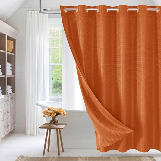 MitoVilla No Hooks Needed Orange Waffle Shower Curtain with Snap-in Liner, Modern Waffle Weave Heavy Duty Fabric Cloth Shower Curtain for Luxury Neutral Hotel Spa Bathroom Decor, 72 x 74, Burnt Orange