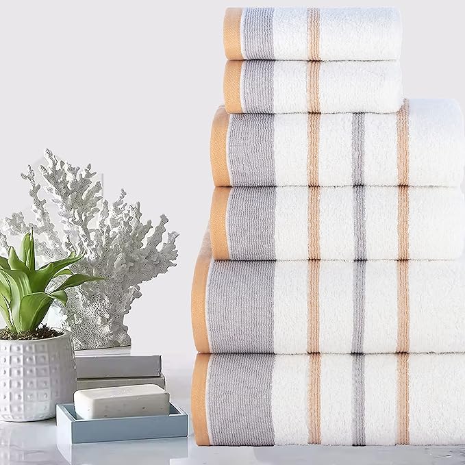 CASA COPENHAGEN White Bay, 6 Pieces Towel Set- White with Beige and Grey Border, 600 GSM, 2Bath, 2Hand, 2Washcloths Egyptian Cotton Towel for Hotel Spa Kitchen Bathroom Kitchen & Shower