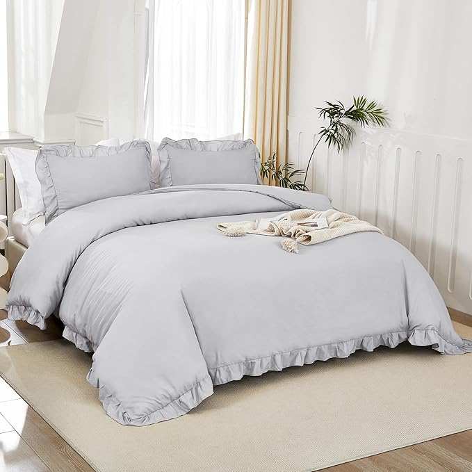 Litanika Light Grey King Size Comforter Set, 3 Pieces Ruffle Farmhouse Aesthetic Bedding Comforter Set, All Season Soft Lightweight Fluffy Microfiber Bed Set(104x90In Comforter, 2 Pillowcases)