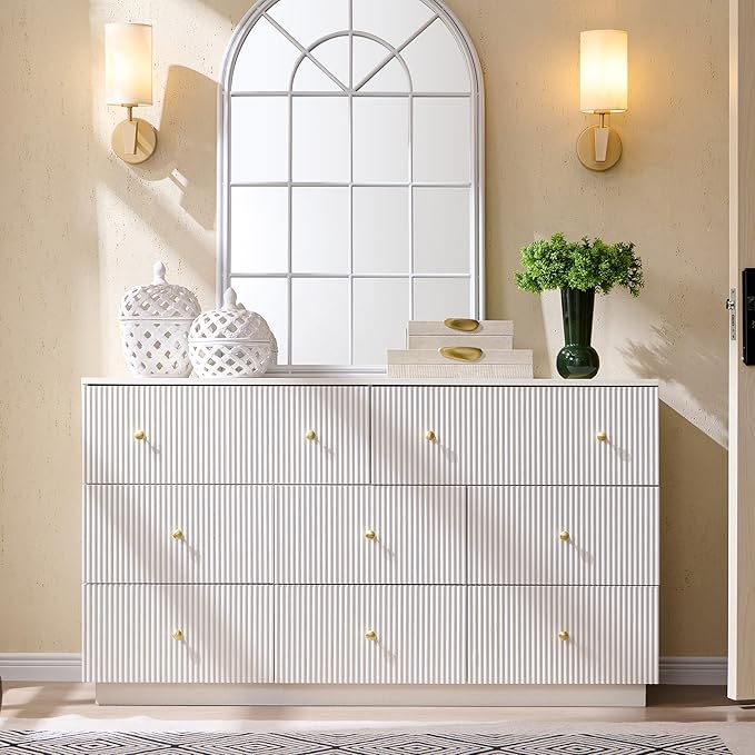 Fluted Dresser for Bedroom, 55" W White 8 Drawer Dressers, Wood Tall Dresser Storage Organizer, Modern Bedroom Chest of Drawer with Deep Storage for Closet Hallway, Entryway, Living Room White