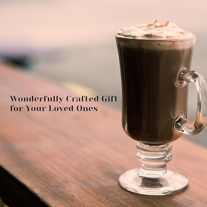 PARNOO Irish Coffee Mugs - 8 oz with Handle & Footed Stem Base - Clear Glasses for Tea, Coffee & Hot Chocolate, Heavy Duty Set of 4