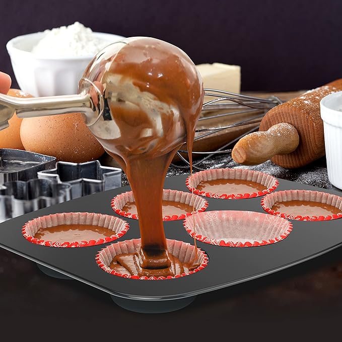 NutriChef 8-Piece Stackable Nonstick Bakeware Set - Premium Steel Baking Tray Set - Includes Round Cake Pan, 6-Cup Muffin Pans, Wide/Square Brownie & Loaf Pans, Cookie Sheet, & Roaster Pan (Black)