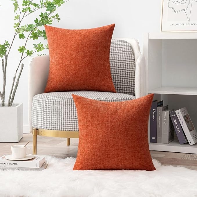 MIULEE Pack of 2 Rust Throw Pillow Covers 18x18 Inch Fall Soft Chenille Pillow Covers for Sofa Living Room Couch Solid Dyed Cases