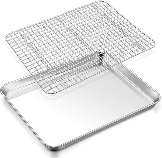 TeamFar Baking Sheet with Rack, 17.6 x 13 x 1 Inch Stainless Steel Baking Tray Pan Cookie Sheet with Cooling Rack Set for Baking/Roasting/Cooling, Non-Toxic & Heavy Duty, Dishwasher Safe