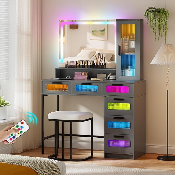 LED Makeup Vanity Desk with 20" Mirror and Light, Smart Dressing Table with 6 Drawers, 3 Shelves, 24 Color Lighting Modes, Cushioned Stool, USB Type-C Storage for Bedroom Dressing Room Gray