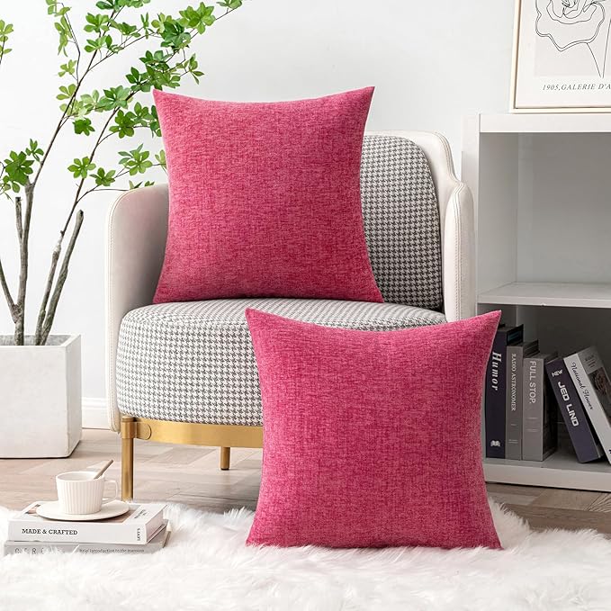 MIULEE Pack of 2 Couch Throw Pillow Covers 18x18 Inch Soft Hot Pink Chenille Pillow Covers for Sofa Living Room Solid Dyed Pillow Cases