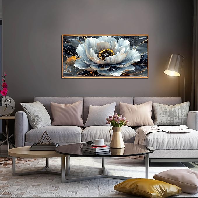 White Flower Pictures for Living Room Wall Decor - Modern Prints Wall Art for Bedroom - Wooden Framed Wall Art for Office Size 20" x 40"