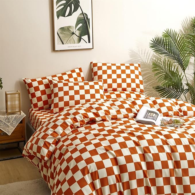 CLOTHKNOW Rust Beige Plaid King Size Comforter Set 3Pcs Grid Bedding Comforter Sets Soft Lightweight Caramel Comforter King Checker Comforter with 2 Pillow Cases