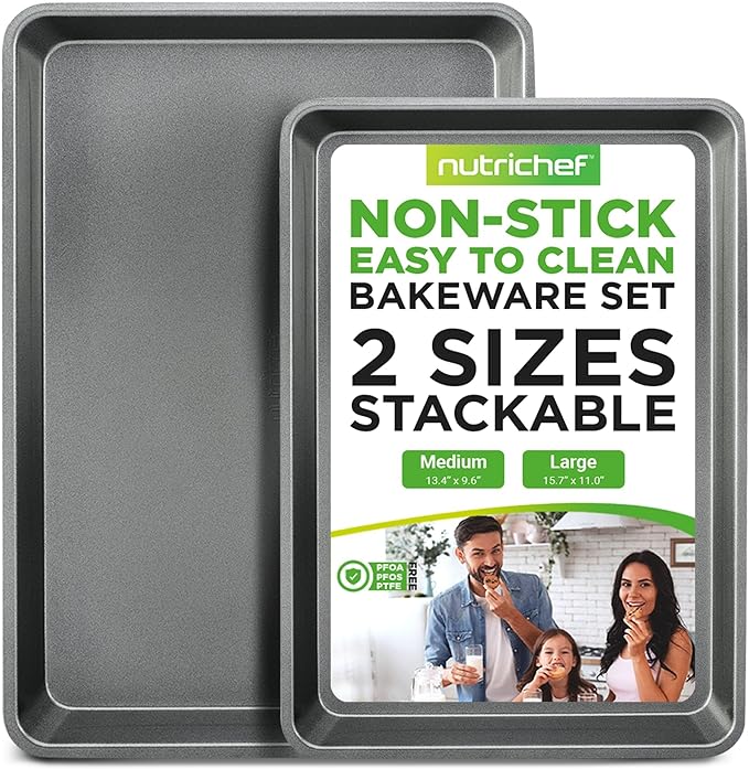 NutriChef 2-Piece Nonstick Stackable Cookie Sheets - Heavy Duty, Non-Toxic Carbon Steel Bakeware Trays, Easy Clean, Warp-Resistant, Large & Medium Sizes - Dishwasher Safe - Gray