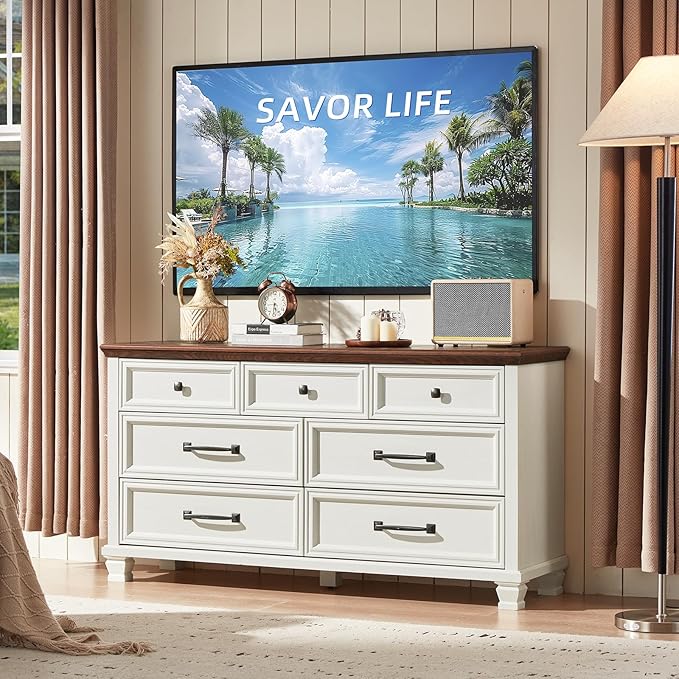 Farmhouse 7 Drawer Dresser for Bedroom, 54” Wide Dresser for Closet, Large Rustic Wooden Dressers, Chest of Drawers for Bedroom, Living Room, Entryway, White