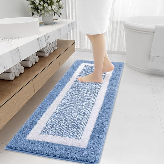 OLANLY Bathroom Rugs 47x20, Extra Soft and Absorbent Microfiber Bath Mat, Non-Slip, Machine Washable, Quick Dry Shaggy Bath Carpet, Suitable for Bathroom Floor, Tub, Shower (Runner, Blue)