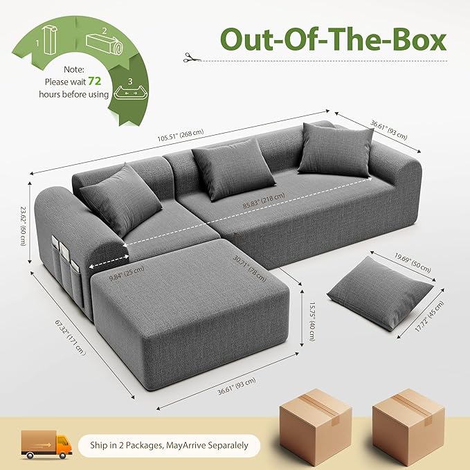 105.5" Boneless Sofa for Living Room, Cloud Sectional Couch Ottoman & 4 Pillows, 4-Seater Comfy Compressed Sofa L Shaped Sectional Couch, No Assembly Required, 72h to Restore