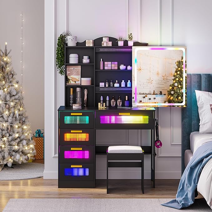 Vanity Desk with Lights and Sliding Mirror, Makeup Vanity Desk with Charging Station, Vanitys Dressing Table with Stool,LED Vanity Set with Large Drawers&Shelves for Bedroom, Decor, Black