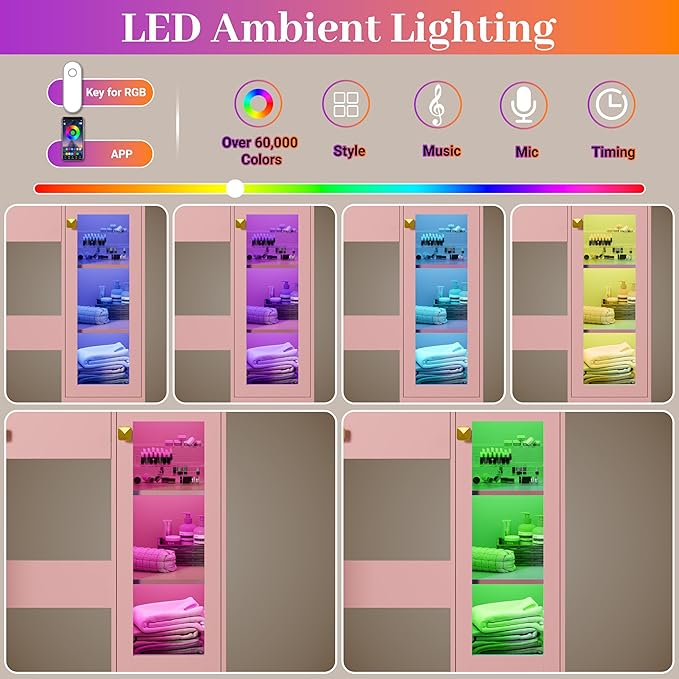 Makeup Vanity with Mirror and Lights, 34'' Wide Dressing Table with Charging Station & RGB Glass Cabinet, Small Vanity Desk with 3 Color Lighting Modes & Adjustable Brightness, Pink