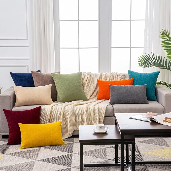 GAWAMAY Decorative Chenille Throw Pillow Covers 24x24 Inch Pack of 2, Soft Square Couch Pillow Cover for Sofa Cushion Living Room Bedroom Solid Dyed Pillowcases Mustard Yellow 60x60cm (ONLY Covers)