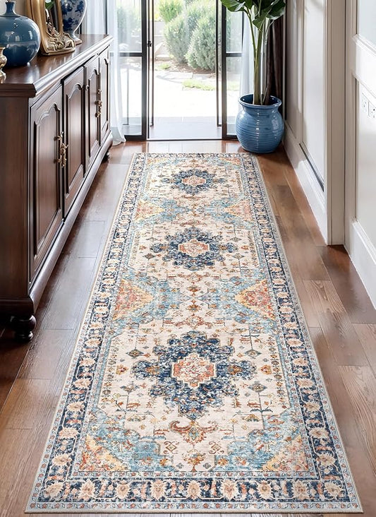 Tangsoo 2.6x8 Washable Runner Rug for Hallways, Non Slip Vintage Rug, Soft Low Pile Long Runner, Blue Carpet Runners for Kitchen Bedroom Entryway Bathroom Living Room