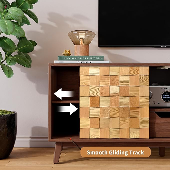 Mid Modern TV Stand with Storage | 55" Wide Walnut Wood Console Cabinet | Entertainment Center w/Adjustable Shelves | Solid Wood Legs | Easy Assembly