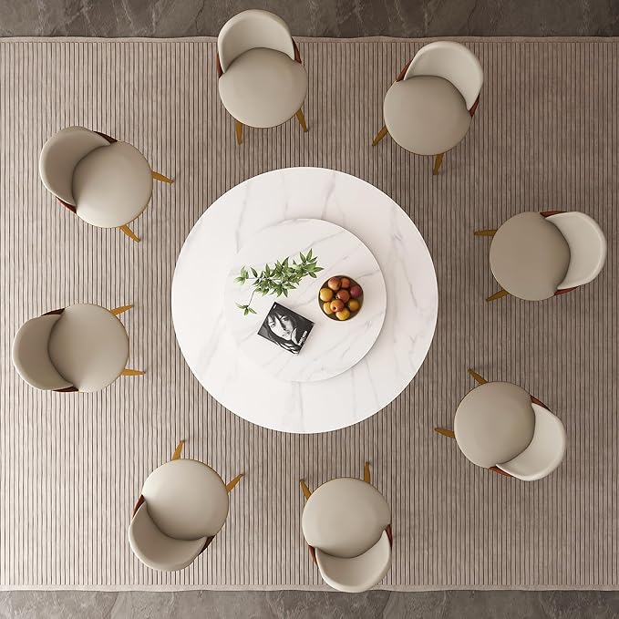 Dining Table Set with 8 Chairs, 53" Round Modern Marble Dining Table with Lazy Susan, Sintered Stone Top for Kitchen, Dining Room, Dinette