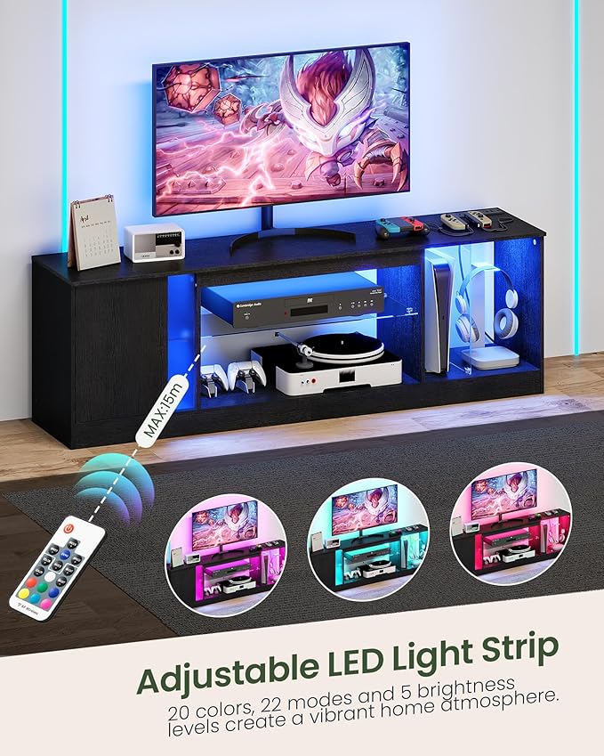 TV Stand with Power Outlets to 63 65 70inch TV, Modern Entertainment Center with Multi-Color LED Light, Media TV Console with Adjustable Glass Shelves for Living Room, Bedroom, Black MDS03UDBB