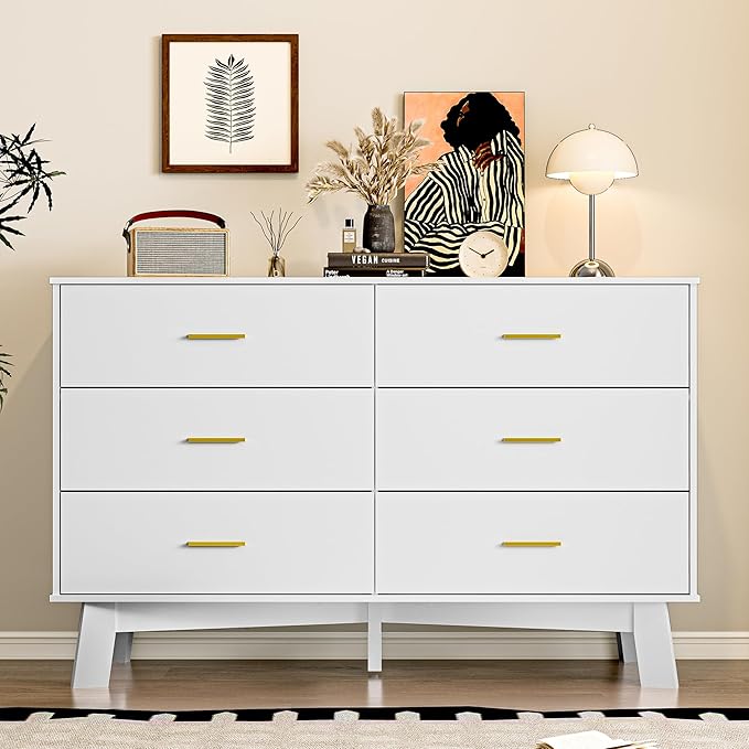 Dresser for Bedroom with 6-Drawer, 47.2" Modern Chest of Drawers with Metal Handles, X-Shape Base & Adjustable Center Leg, Anti-Tip Closet Organizers and Storage