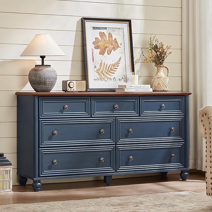 Farmhouse Dressers & Night Stand Set of 3, Wood 54" Wide 7 Drawer Dresser & 35.5"Tall Chest of Drawers, 18" with Charging Station Nightstand, Bedroom Furniture Dresser Set for Home Living Room Hallway