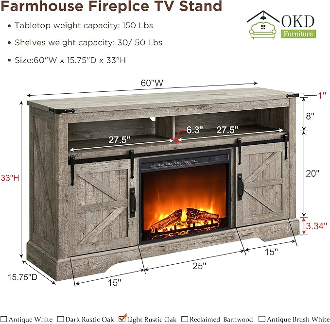 OKD Fireplace TV Stand for 65+ Inch TV, 33" Tall Highboy Farmhouse Entertainment Center w/ 23'' Electric Fireplace, Rustic Media Console w/Sliding Barn Door for Living Room, Light Rustic Oak