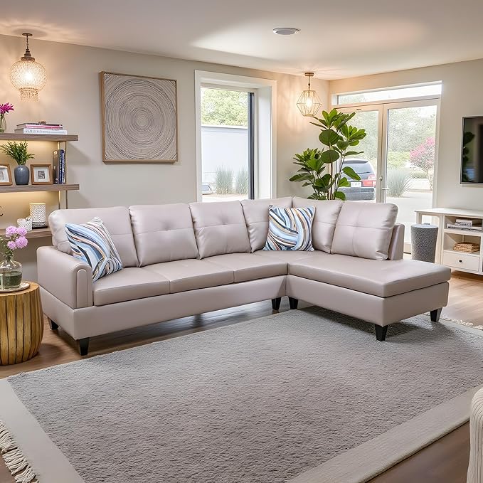 NicBex Sectional Couch 2 Pieces 66.5" L Sofa with Right Chaise Faux Leather L Shaped Cloud Couch for Living Room Furniture Sets with Cushion, Modular Sofa for Living Room & Small Apartment, Latte