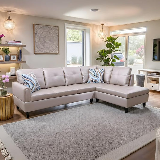 NicBex Sectional Couch 2 Pieces 66.5" L Sofa with Right Chaise Faux Leather L Shaped Cloud Couch for Living Room Furniture Sets with Cushion, Modular Sofa for Living Room & Small Apartment, Latte