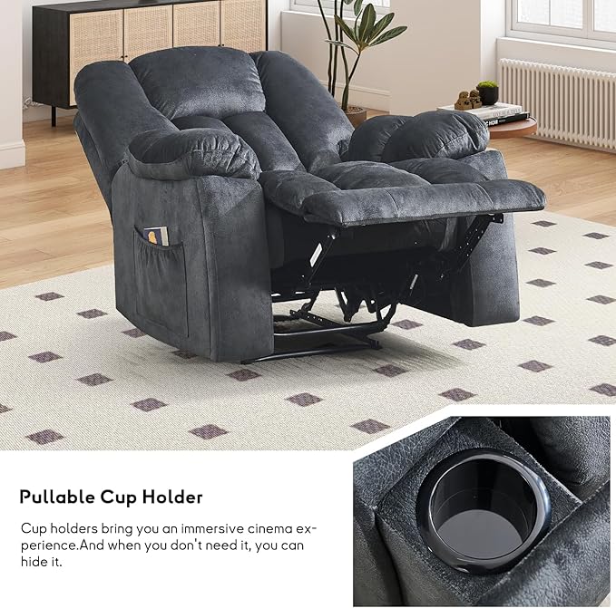 Phoenix Home Manual Recliner Chair for Adults with Massage and Heat, Overstuffed Fabric Reclining Chair, Oversized Recliners with 2 Cup Holders and Side Pockets for Living Room, Bedroom, Dark Grey
