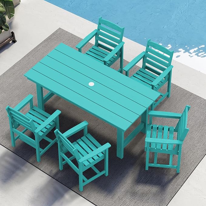 SERWALL Patio Table Set, 5-Piece Outdoor HDPE Furniture with Umbrella Hole, All Weather Dining Table and Chairs for Lawn, Garden, Poolside, Aruba