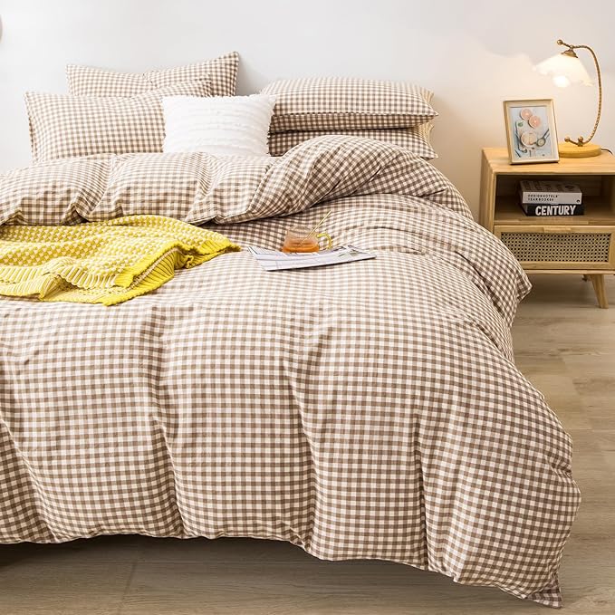 mixinni Tan Gingham Comforter Set Full, Plaid Comforter Set 3 Pieces 1 Beige Grid Comfoter with 2 Pillow Cases for All Seasons, Soft Fluffy Modern Grid Pattern Printed Bedding-Full Size