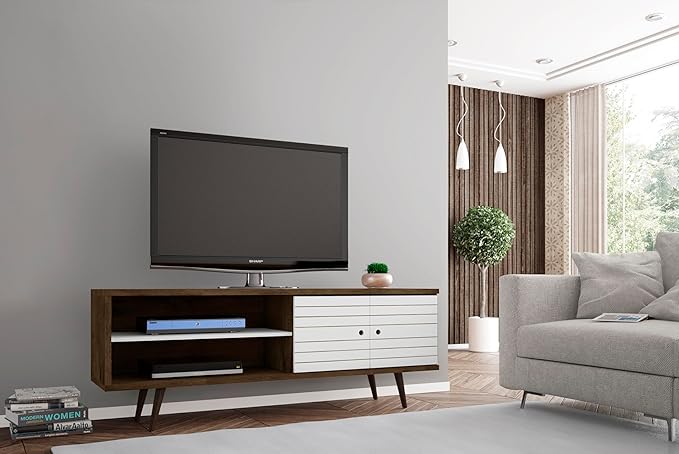 Manhattan Comfort Liberty Mid Century Modern TV Stand for Televisions up to 60 Inches, Bedroom and Living Room Entertainment Center with Storage, Shelves, and Cabinet, 63" Wide, Rustic Brown/White