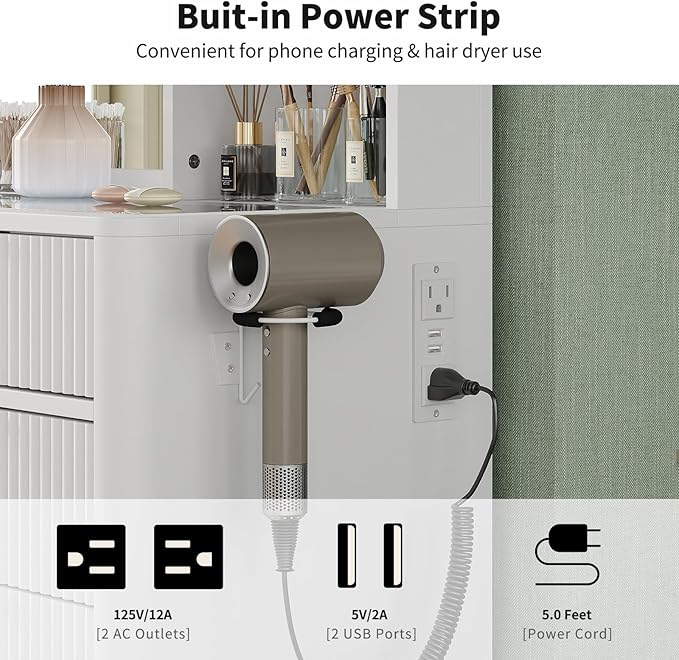 7 Drawers Fluted Vanity Desk with Charging Station, 47'' W Makeup Vanity with LED Lights and HD Mirror, 3 Lighting Modes Adjustable, Glass Top, Vanity Set for Bedroom,White