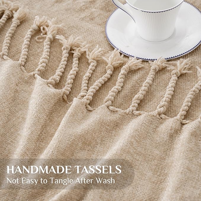 BATTILO HOME Beige Chenille Throw Blanket for Couch, Decorative Fringe Velvety Khaki Tan Throw Blanket for Sofa Home Decor, 50"x60"