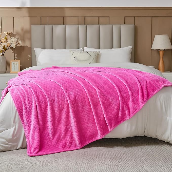 NEWCOSPLAY Super Soft Queen Blanket Hot Pink Premium Silky Flannel Fleece Leaves Pattern Lightweight Bed Blanket All Season Use (Hot Pink, Queen(90"x90"))