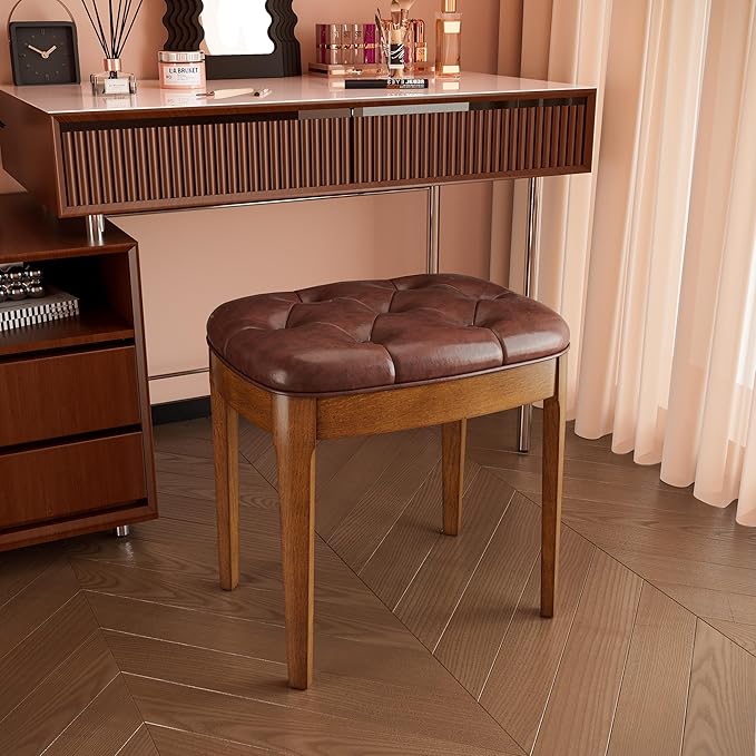 Solid Wood Button Tufted Vanity Stool, Ottoman Stool with Wood Legs & Padded Seat PU Leather Upholstered Piano Bench with Non-Slip Foot Pads Accent Chair for Bedroom Entryway, Wine Red