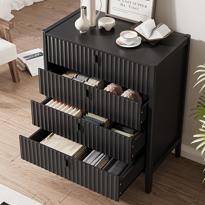 Black 4 Drawer Dresser, Modern Chest of Drawers for Bedroom, Wood Storage Dresser Organizer with Deep Drawers for Clothes, Nightstand for Bedroom, Hallway, Living Room, Entryway