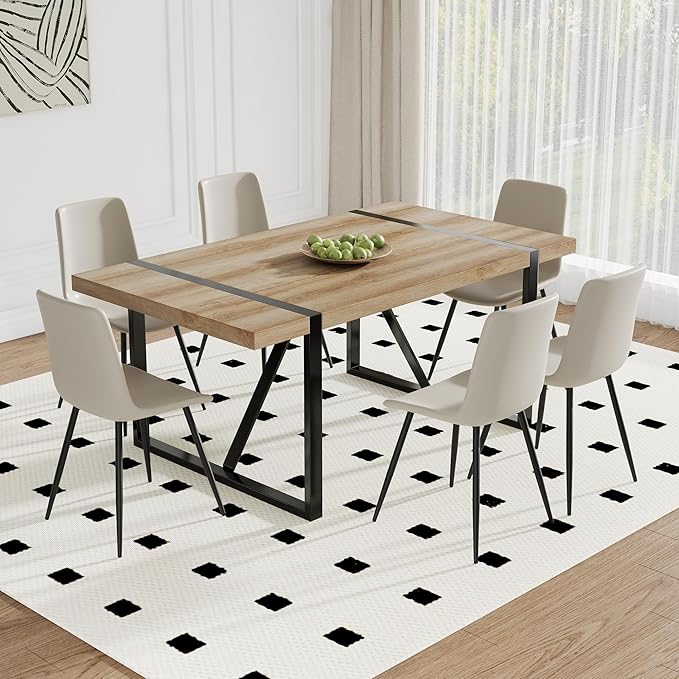 Dining Table Chairs Set for 6, Modern Rectangular Dining Room Table Set Upholstered Dining Chairs 71" Dinner Table Set for Kitchen (Brown Table & Grey2 Chairs, 71 Inch Table + 6 Chairs)