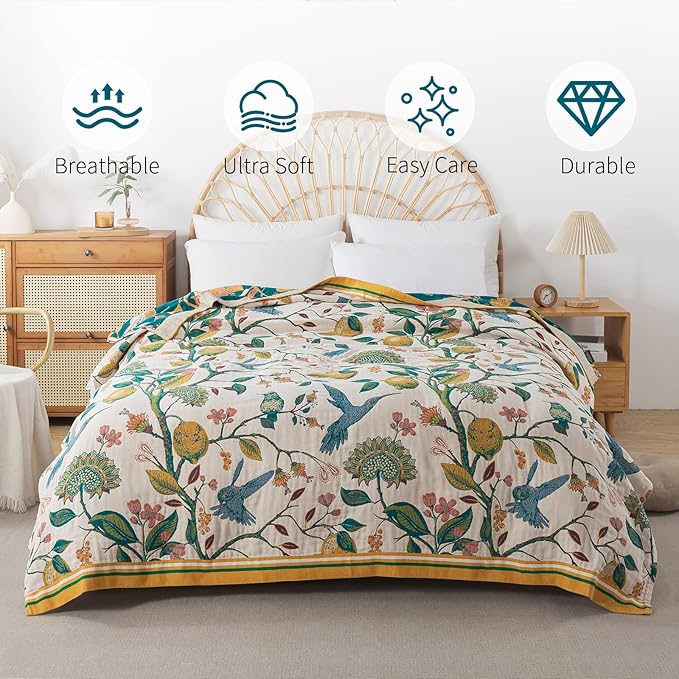 Boho Throw Blanket for Bed-100% Cotton Soft Breathable Farmhouse Decor Boho Quilt for Sofa (Flower Bird, 90"x98")