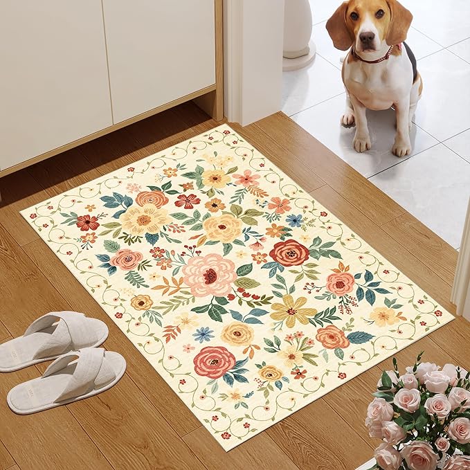 DUKINO 2x3 Rugs for Entryway, Floral Indoor Washable Door Mat, Non Slip Boho Small Rug for Kitchen, Soft Low Pile Front Door Throw Rug for Entrance, Bedroom, Kitchen, Laundry, Bathroom, Beige Yellow