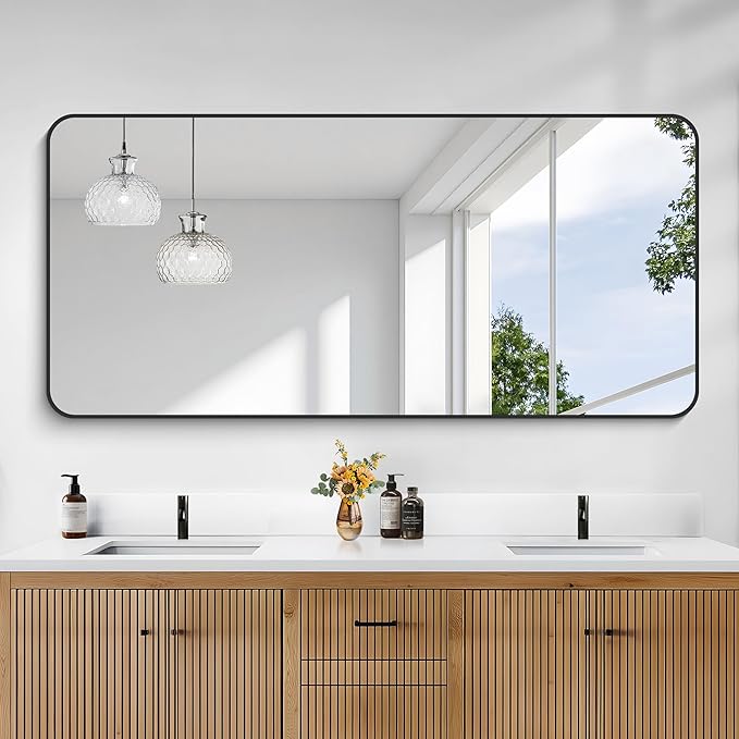 KOCUUY Black Bathroom Mirror 60"x28", Large Vanity Mirror with Rounded Corner, Metal Black Frame with Mordern Design for Bathroom, Living Room, Entryway, Hang Horizontal/Vertical