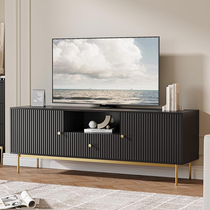 Fluted TV Stand, Modern TV Stand for 70 Inch TV, Entertainment Center with 2 Storage Cabinets, Fluted Panel Media Console for Living Room, Bedroom, Office, Black