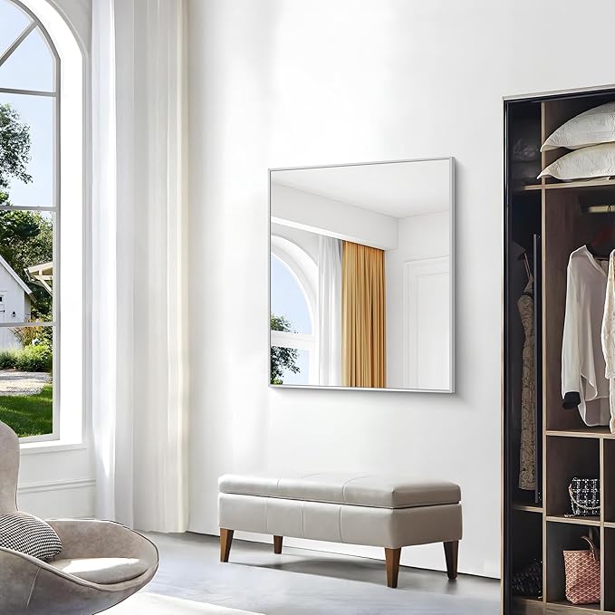 BONEWEI Silver Bathroom Mirror,30x36 inch Wall Mirror for Bathroom Wall Mounted,Rectangle Mirror for Bathroom Over Sink,Modern Metal Frame for Living Room,Bedroom Entryway,Horizontal/Vertical