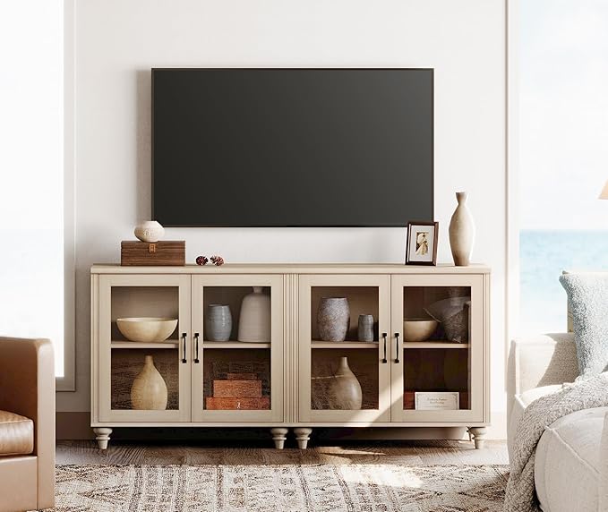 WAMPAT Farmhouse TV Stand for 75 inch TV with 4 Glass Doors, Wood Universal TV Stand with 4 Storage Cabinets, Beige Entertainment Center TV Console Table for Living Room, Bedroom