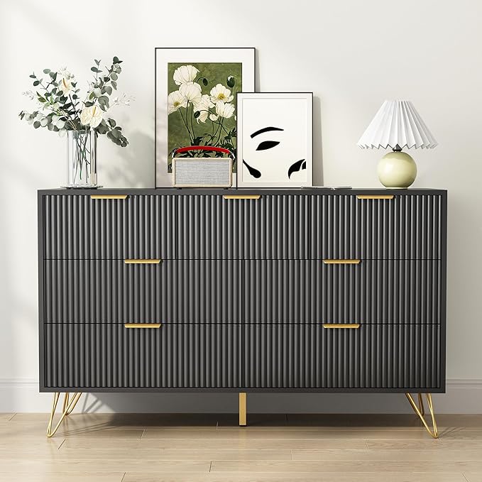 Black Dresser for Bedroom, 7 Drawers Dresser with Golden Handles, Modern Wood Chest for Living Room, Hallway, Entryway