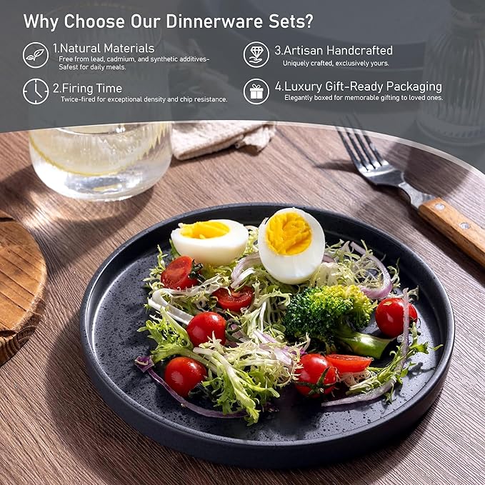 GBHOME Ceramic Dinnerware Sets for 4, Stoneware Plates and Bowls Sets, Chip and Scratch Resistant Dishes, Dishwasher & Microwave& Oven Safe Dishes sets, Reactive Glaze-Speckled Black