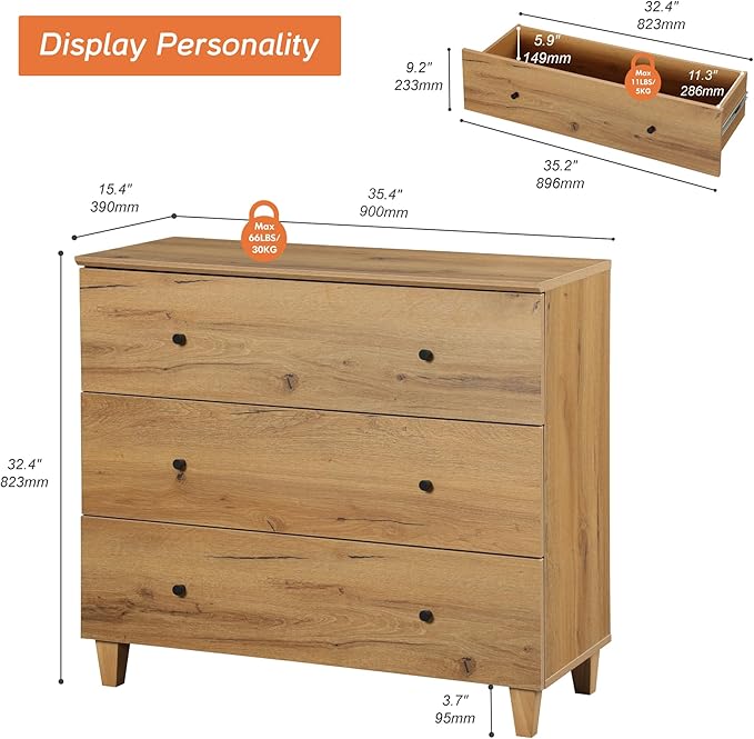 WAMPAT TV Stand Dresser for 32+ Inches TVs, Wood Media Console Table with 3 Drawers, Modern Highboy Entertainment Center with Storage for Living Room Bedroom, Oak Brown