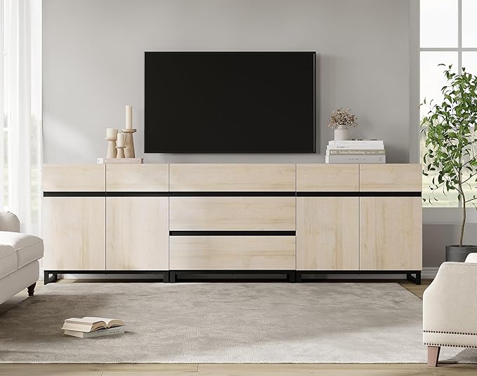 WAMPAT Modern TV Stand for TVs up to 100 inch, 3 in 1 TV Console with Adjustable Shelves and 3 Drawers, Media Console for Living Room, Bedroom, Light Oak