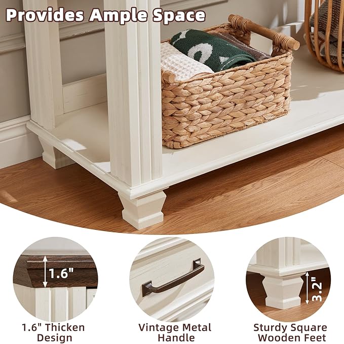 Farmhouse 46" Console Table with 2 Drawers, Rustic Wood 2 Tier Entryway Table with Open Storage Shelf for Entry, Large Mid-Century Vintage Sofa Tables Behind Couch for Living Room, White